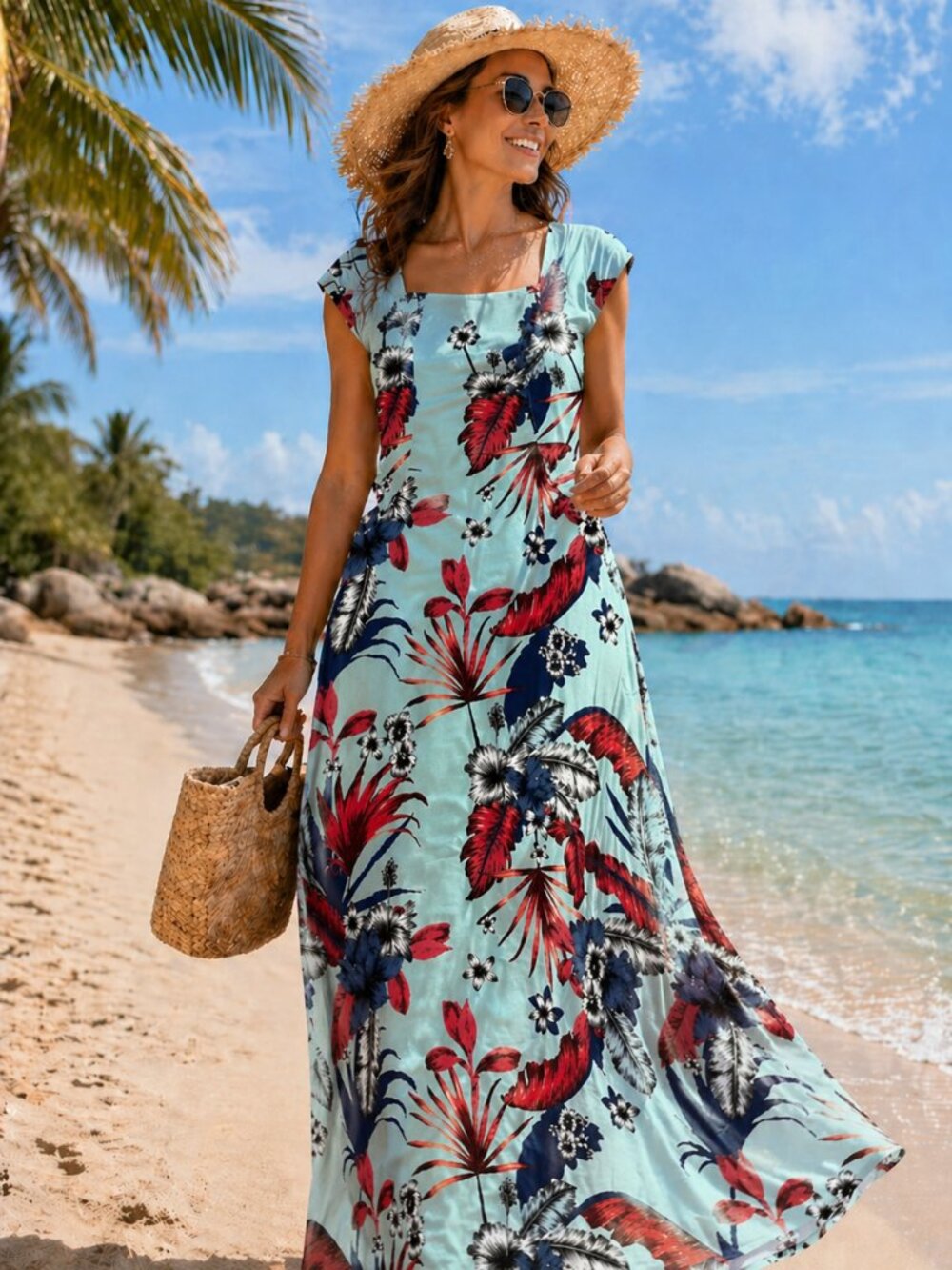 Patty Elly Tropical Maxi Dress Brazil M Blue Floral Flowy Lightweight